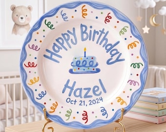 Blue Scalloped Edge Birthday Plate, Hand-Painted Ribbon Twirls Design, Custom Name Ceramic Dish, First Birthday Decor | B093