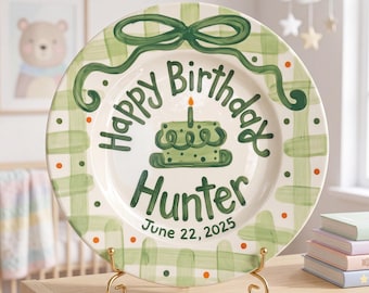 Hand-Painted Green Bow Ceramic Birthday Plate, Green Gingham Border with Confetti, Custom Name Keepsake, Boy Gift | B052