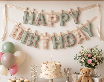 Personalized Name Fabric Garland, Plush Stuffed Letter Banner, Sage Green & Beige Plaid Birthday Decor, Baby Boy Gift