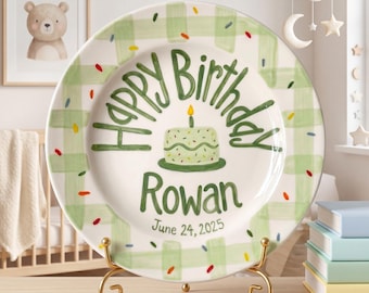 Custom Name Sprinkles Birthday Plate, Hand-Painted Green Gingham Border, Personalized Ceramic Keepsake, Toddler Boy Gift | B088