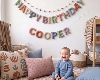 Felt Birthday Banner, Personalized Stuffed Letter Garland, Pastel Felt Ball Banner, Custom Name Party Sign, Earth Tones Birthday Decoration