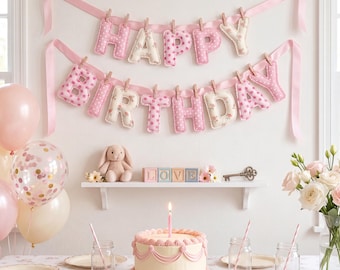 Personalized Name Fabric Garland, Plush Stuffed Letter Banner, Pink Polka Dot & Floral Birthday Decor, Baby Girl Gift
