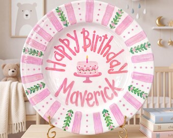 Hand-Painted Rose Buds Ceramic Birthday Plate, Pink Stripe Border, Custom Name Keepsake, Grandmillennial Girl Gift | B089