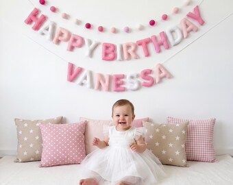 Pink and White Felt Ball Garland, Wool Pom Pom Banner, Kids Birthday Party Backdrop, Girl Nursery Wall Hanging Decor