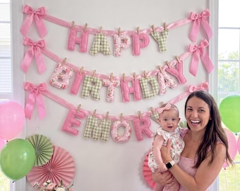 Custom Fabric Birthday Banner, Personalized Floral Gingham Name Garland, Shabby Chic First Birthday Decor Girl, Coquette High Chair Banner
