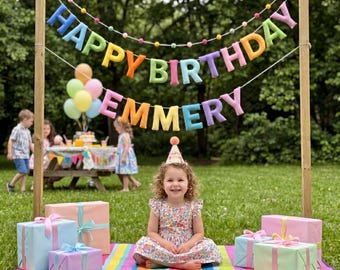 Pastel Rainbow Happy Birthday Garland, Custom Name Felt Letter Banner, Personalized Wall Hanging for Children's Room, Party Backdrop Decor