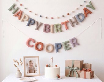 Custom Birthday Banner Felt, Personalized Name Birthday Garland, Puffy Felt Letter Banner, Earthy Pastel Birthday Decor, Kids Party Banner