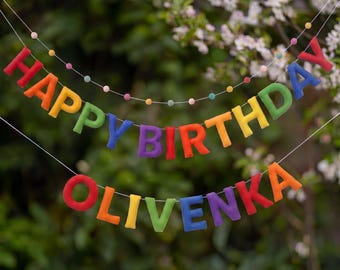 Rainbow Fabric Birthday Banner, Plush Stuffed Letters Garland, Personalized Name Primary Colors Kids Party Decor