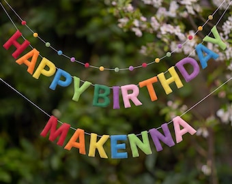 Personalized Name Birthday Banner – Colorful Felt Letters with Pom Pom Garland – Rainbow Kids Party Baby Birthday Room Decor