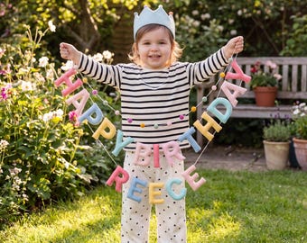 Personalized Felt Birthday Banner, Pastel Rainbow Name Garland, Plush Bunting, Kids Decor