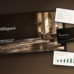 May include: A digital investor presentation titled Stillspace featuring a dark interior room with a chair and table. Three smaller slides are overlaid, showing text about investment cases, the experience, and a membership revenue bar chart.