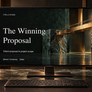 May include: A computer monitor displaying a presentation titled The Winning Proposal with the text Client proposal & project scope and [Brand / Company] [Date]. The screen shows a dark architectural interior with marble and gold accents.