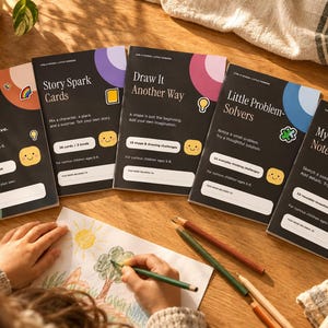 Paquete de actividades creativas para niños de 6 a 8 años: Dibujos imprimibles, tarjetas de cuentos y hojas de trabajo para inventos.