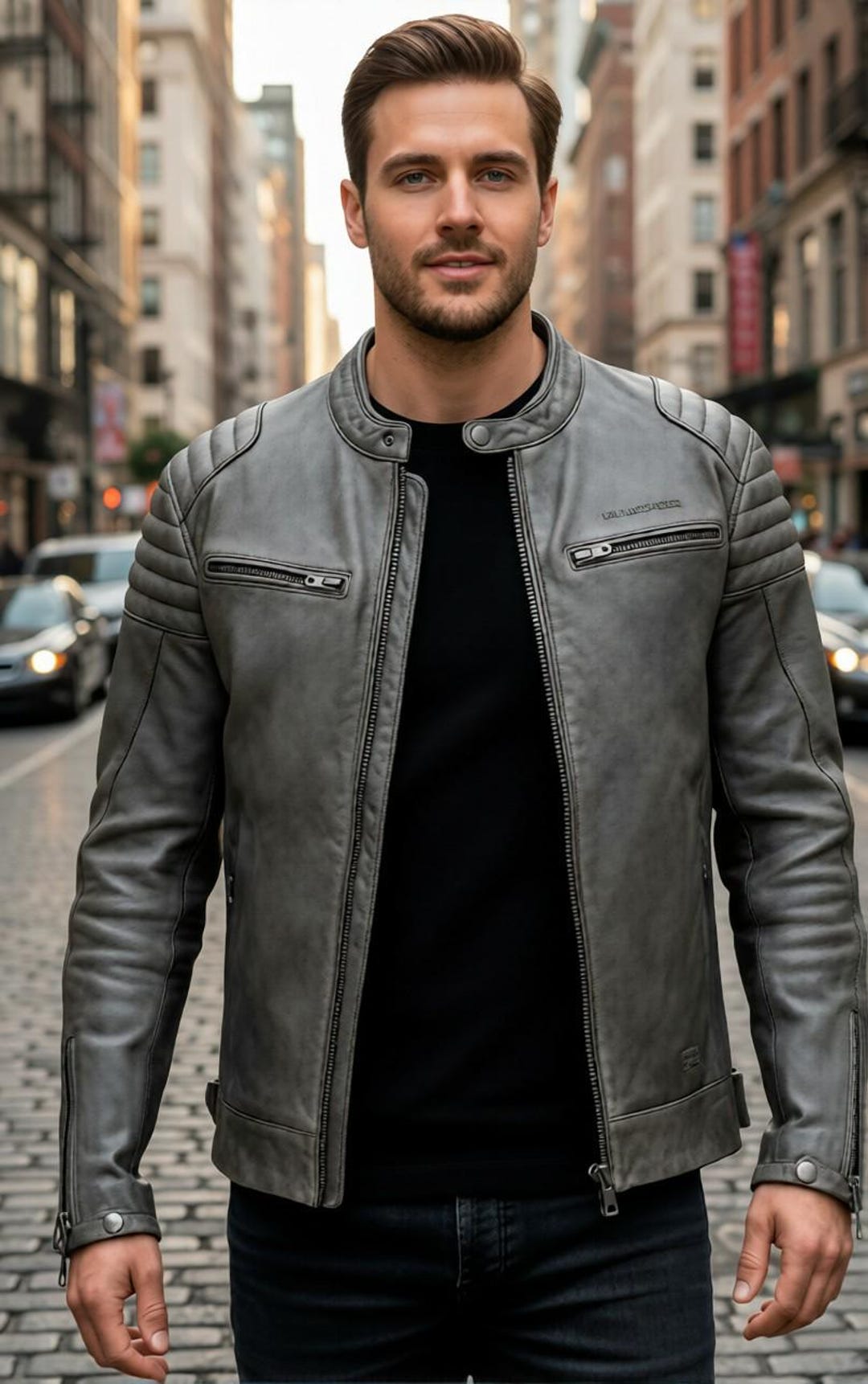 Men's Grey Leather Cafe Racer Jacket – Quilted Biker Moto Coat. - Etsy