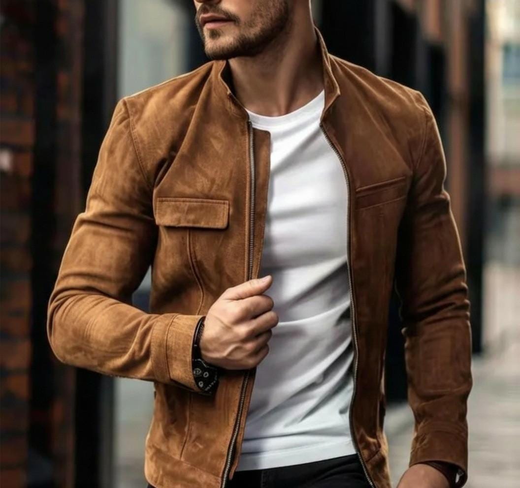 Men's Tobacco Brown Suede Cafe Racer Jacket