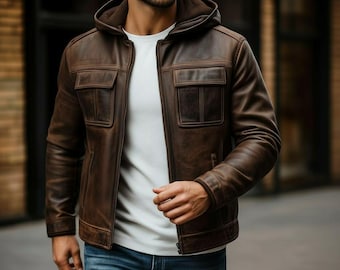 Men's Distressed Brown Leather Jacket – Handmade Biker Coat with Removable Hood.