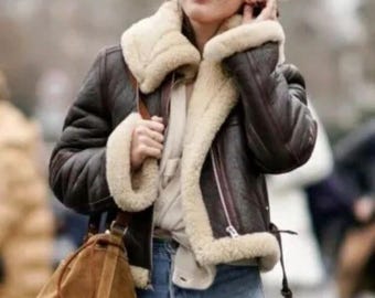 women's Brown Shearling Aviator Leather Jacket, Vintage B3 Bomber Coat, Faux Fur Lined Winter Outerwear