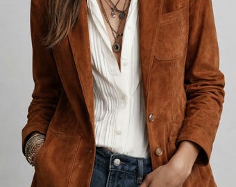 Damesblazer in westerse boho-stijl van suède - Bruine cognacbruine leren jas - Rustieke chique stijl.