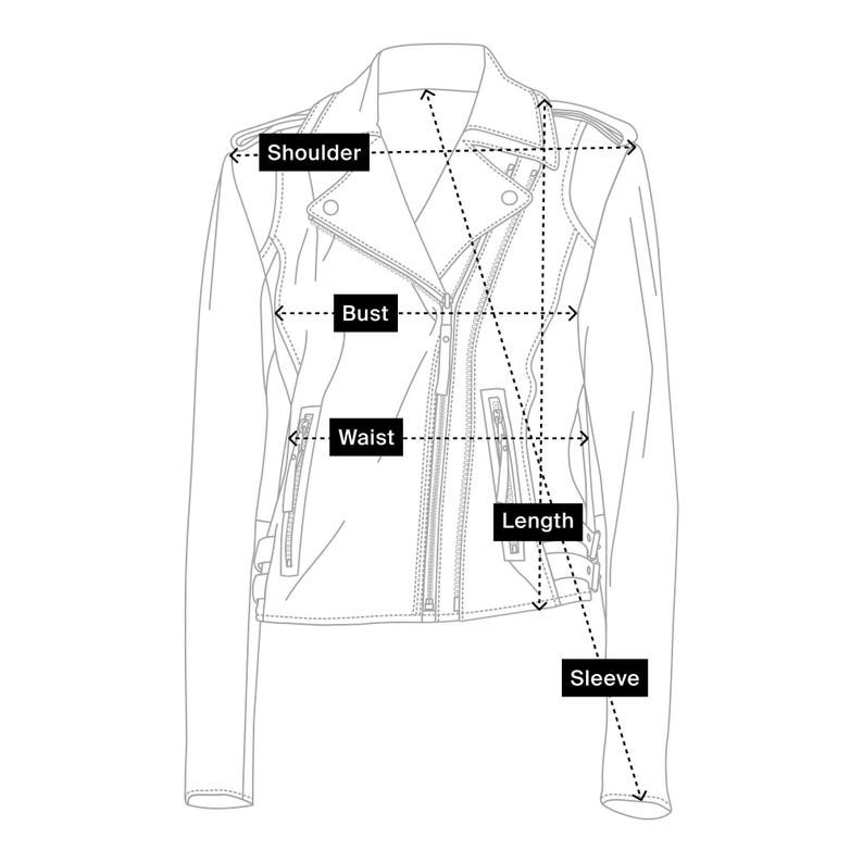 Op de afbeelding: Lijntekening van een zwarte leren jas met meetlabels voor schouder, borst, taille, lengte en mouw. De jas heeft een reverskraag, asymmetrische rits en meerdere zakken.