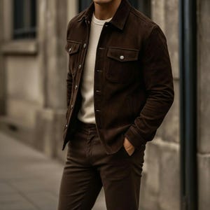 May include: A brown suede jacket with two chest pockets and button closures, paired with matching brown pants and a cream-colored sweater. The jacket has a classic collar and silver buttons. The outfit is a stylish ensemble.