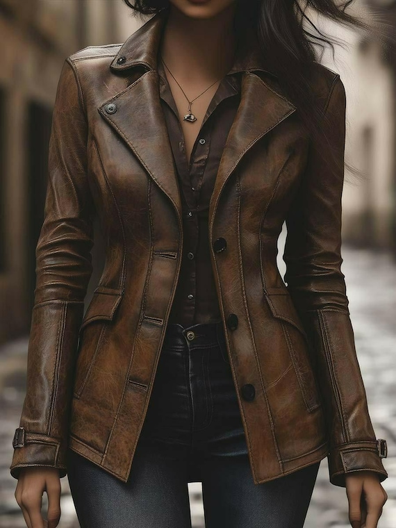 Vintage Distressed Brown Sheepskin Leather Blazer, Edgy Streetwear.