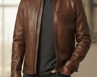 Men’s Brown Leather Cafe Racer Jacket - Slim Fit Real Leather Biker Moto Coat