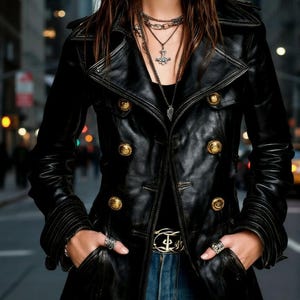 May include: Black leather jacket with gold buttons and a double-breasted design. The jacket features a notched collar and a belt with a gold buckle. The model is wearing blue jeans and multiple silver rings. The background is a blurred city street.