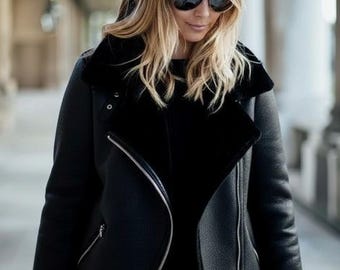 Chaqueta de motociclista de piel sintética negra para mujer / Abrigo estilo aviador / Ropa cálida de invierno