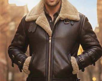Men's B3 Bomber Jacket - Genuine Brown Leather Aviator Shearling Flight Jacket With Fur Collar