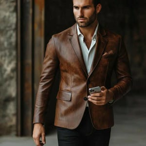Op de afbeelding: Een bruine leren blazer met een revers, twee voorzakken en een sluiting met één knoop. De blazer wordt gedragen over een lichtblauw overhemd. Een pochet is zichtbaar in de borstzak. De persoon houdt een smartphone vast.