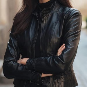 May include: A black leather jacket featuring a stand-up collar, a full-length front zip, and long sleeves. The jacket has a smooth, semi-gloss finish with visible seam detailing along the chest and shoulders, worn over a black turtleneck top.