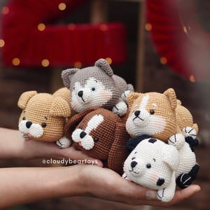 Può includere: Una collezione di giocattoli per cani all'uncinetto fatti a mano in vari colori, tra cui marrone, beige, grigio e bianco. I giocattoli sono tenuti nelle mani di una persona. I giocattoli hanno occhi e nasi neri. Il testo "@cloudybeartoys" è visibile.