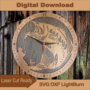 Fishing Laser Cut Clock SVG / DXF / LightBurn – 3mm Plywood Template – CNC & Glowforge File