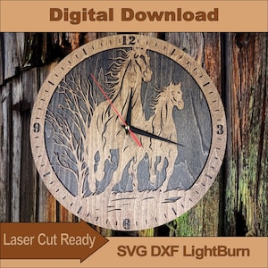 Caballo de reloj cortado con láser SVG/DXF/LightBurn: plantilla de madera contrachapada de 3 mm, archivo Glowforge y CNC