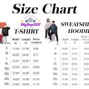 May include: Size chart graphic for t-shirts and hoodies, with measurements in inches. Includes width, length, and sleeve length for various sizes, from S to 5XL. The text "MyShop3327 Etsy Shop" is also visible.