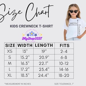 May include: A size chart for kids' crewneck t-shirts, with measurements in inches. The chart includes sizes XS to XL, with corresponding width, length, and fit information. A young girl wearing a white t-shirt is shown, with arrows indicating width and length.