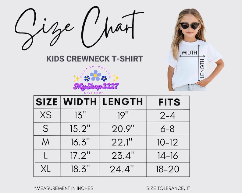 May include: A size chart for kids' crewneck t-shirts, with measurements in inches. The chart includes sizes XS to XL, with corresponding width, length, and fit information. A young girl wearing a white t-shirt is shown, with arrows indicating width and length.