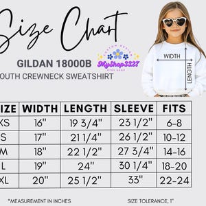 May include: A size chart for a youth crewneck sweatshirt, with measurements in inches. The chart includes sizes XS to XL, with corresponding width, length, sleeve, and fit information. A young girl wearing a white sweatshirt is also shown.