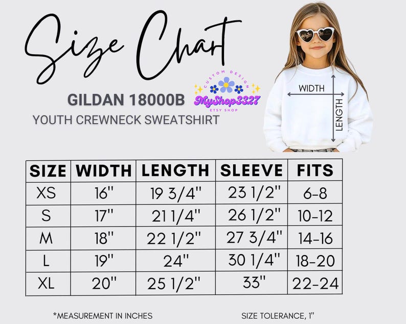 May include: A size chart for a youth crewneck sweatshirt, with measurements in inches. The chart includes sizes XS to XL, with corresponding width, length, sleeve, and fit information. A young girl wearing a white sweatshirt is also shown.