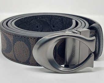 Luxury Monogram Pattern Belt with Large Metal Logo Buckle