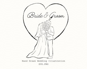 Clipart de novios dibujados a mano, ilustración de pareja de novios SVG PNG, descarga digital