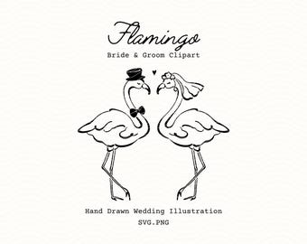 Imágenes prediseñadas de boda con flamencos en formato PNG y SVG, novios flamencos, dibujo lineal de pareja romántica.
