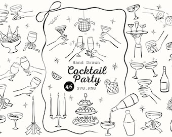 Paquete de imágenes prediseñadas de cócteles dibujados a mano, ilustraciones de copas de cóctel, SVG PNG de fiesta de boda