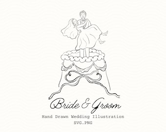 Imágenes prediseñadas de novios dibujados a mano en formato SVG y PNG, ilustración de pareja de novios, invitación a pastel de bodas.