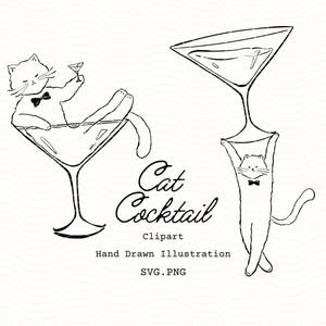 Może przedstawiać: Czarno-biała ilustracja dwóch kotów z kieliszkami do martini. Jeden kot wyleguje się w kieliszku, trzymając małe martini. Drugi kot trzyma kieliszek do martini nad głową. Tekst: "Cat Cocktail Clipart, Hand Drawn Illustration, SVG.PNG."