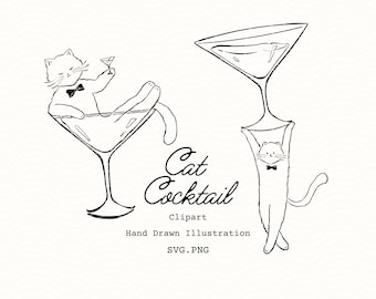 Imágenes prediseñadas de cócteles con gatos dibujadas a mano en formato PNG y SVG, bebida divertida con gatos, camarero gato, fiesta de boda original.