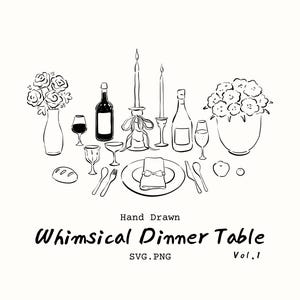 Puede incluir: Ilustración dibujada a mano de una mesa de cena caprichosa. La imagen presenta una mesa con un jarrón de flores, copas de vino, botellas, velas y un servicio de mesa. El texto "Whimsical Dinner Table" se muestra debajo.