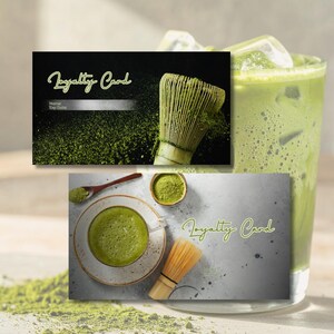 May include: Two rectangular loyalty cards featuring matcha-themed designs. One card has a black background with a bamboo whisk and green powder, while the other shows a top-down view of a matcha bowl, whisk, and spoon on a light gray surface.