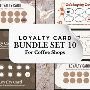 May include: A set of loyalty cards for coffee shops, featuring a neutral colour scheme with brown and beige tones. The text "LOYALTY CARD BUNDLE SET 10 For Coffee Shops" is displayed. Each card design includes spaces for stamps to be collected.