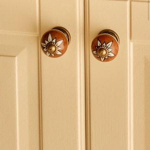 Ceramic Cabinet Knobs with Antique Brass Base, Terracotta Floral Dresser Pulls, Boho Kitchen Cupboard Handles, Vintage Furniture Hardware